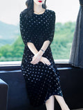 Womens Black Polka Dot Silk Midi Dress with Drawstring Waist