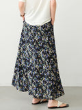 Womens Black Silk Maxi Skirt Floral Print Long Silk Dress
