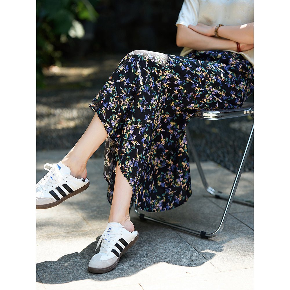 Womens Black Silk Maxi Skirt Floral Print Long Silk Dress