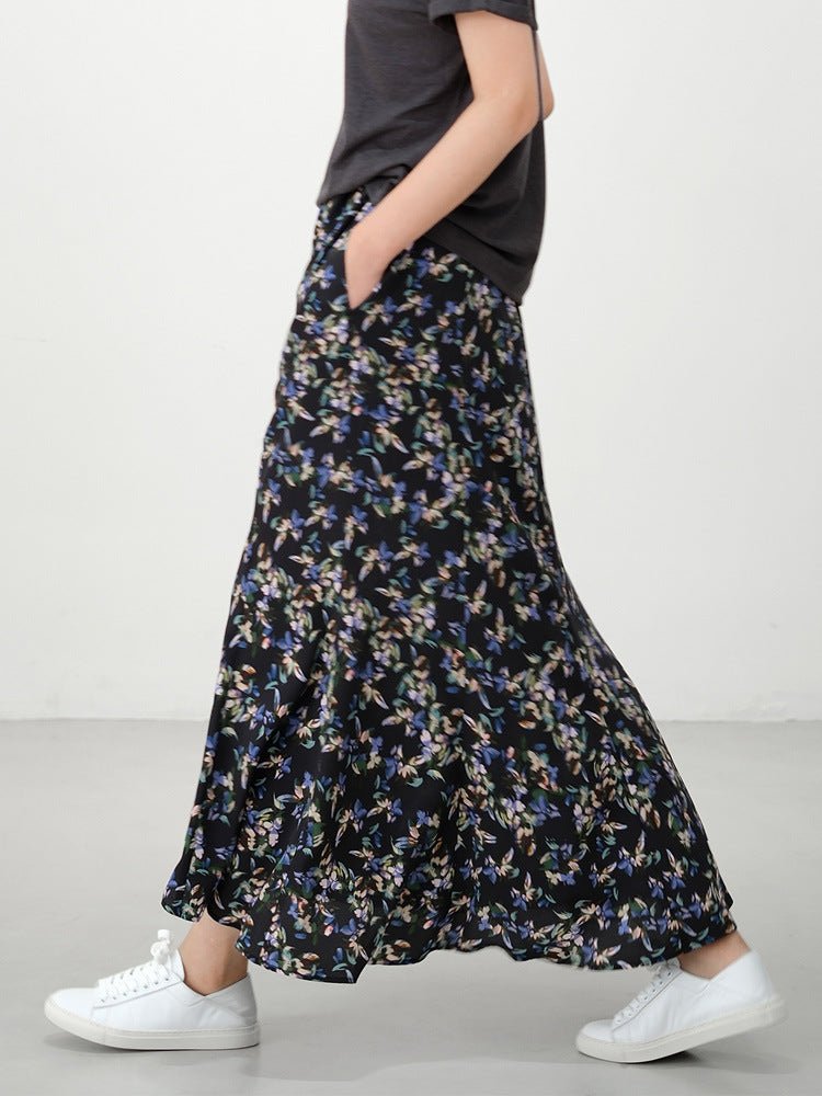 Womens Black Silk Maxi Skirt Floral Print Long Silk Dress