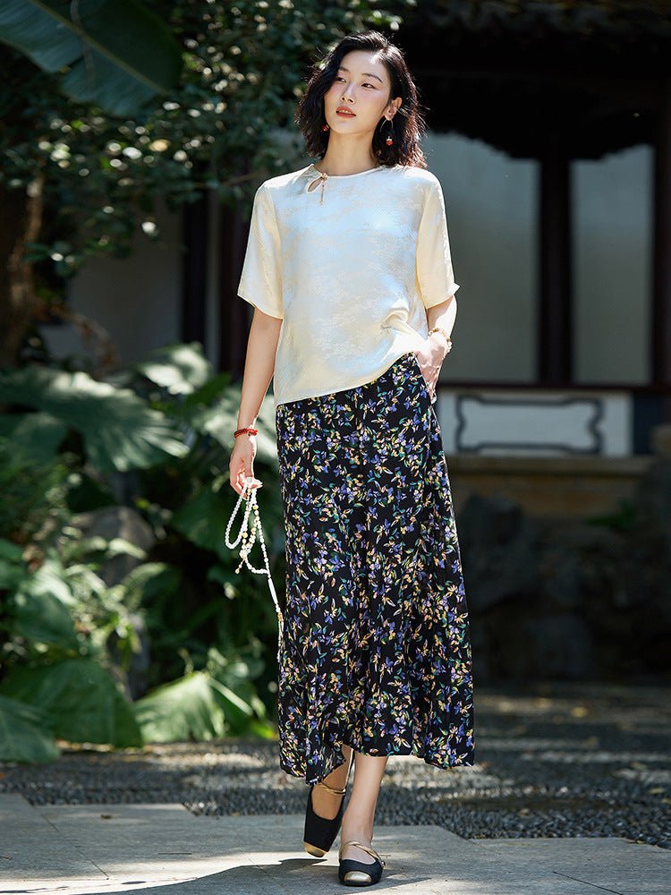 Womens Black Silk Maxi Skirt Floral Print Long Silk Dress