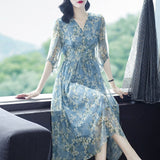 Womens Blue Floral Silk Midi Dress Button Front Long Silk Dress