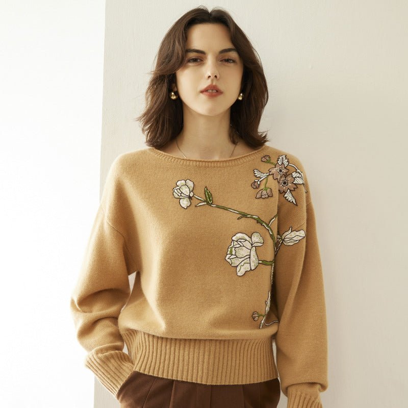 Womens Boat Neck Cashmere Sweater Embroidery Flowers Cashmere Pullover