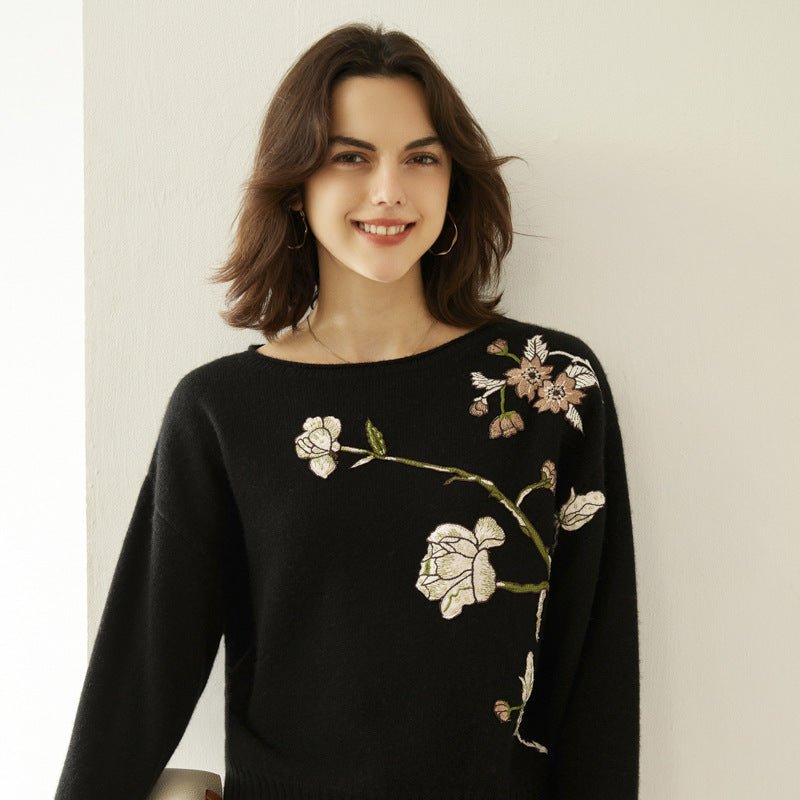 Womens Boat Neck Cashmere Sweater Embroidery Flowers Cashmere Pullover