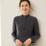 Womens Cable Knit Cashmere Sweater Half Zip Mock Neck Cashmere Pullover Gray XS