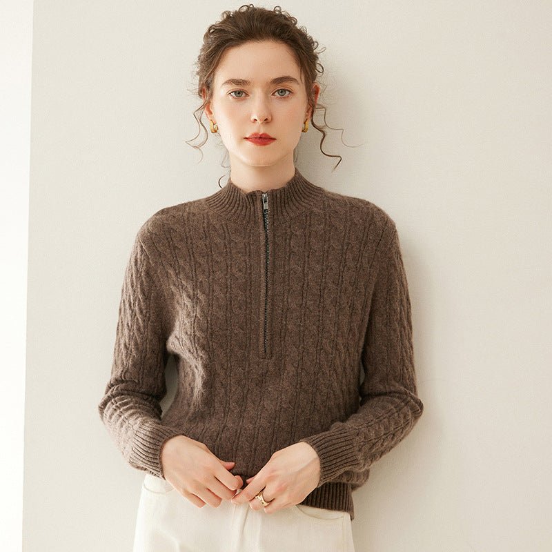 Womens Cable Knit Cashmere Sweater Half Zip Mock Neck Cashmere Pullover Brown XS