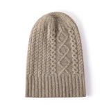 Womens Cable Knit Pure Cashmere Beanie Hat with Ribbed Trim