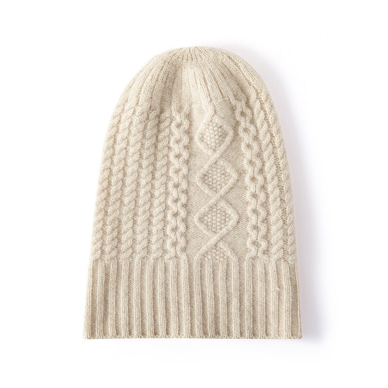 Womens Cable Knit Pure Cashmere Beanie Hat with Ribbed Trim