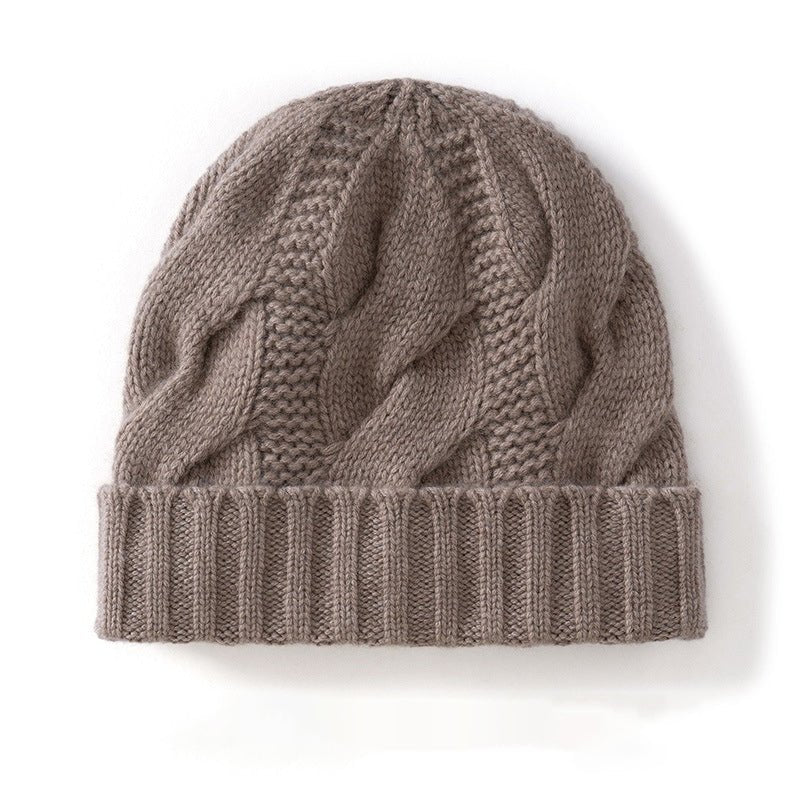 Womens Cashmere Beanie Cable Knit Cashmere Hat Ribbing Hem Taupe M