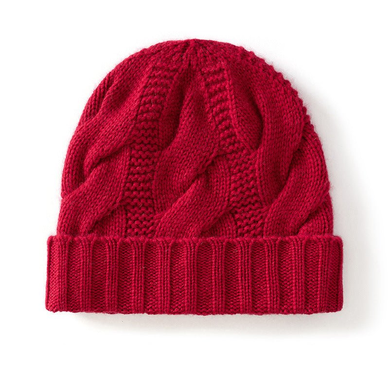 Womens Cashmere Beanie Cable Knit Cashmere Hat Ribbing Hem Claret M