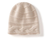 Womens Cashmere Beanie Cap with Cable Accents Cold Weather Cashmere Hat