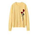 Womens Cashmere Cardigan Rose Embroidered Button Front Cashmere Knit Sweater Yellow XS