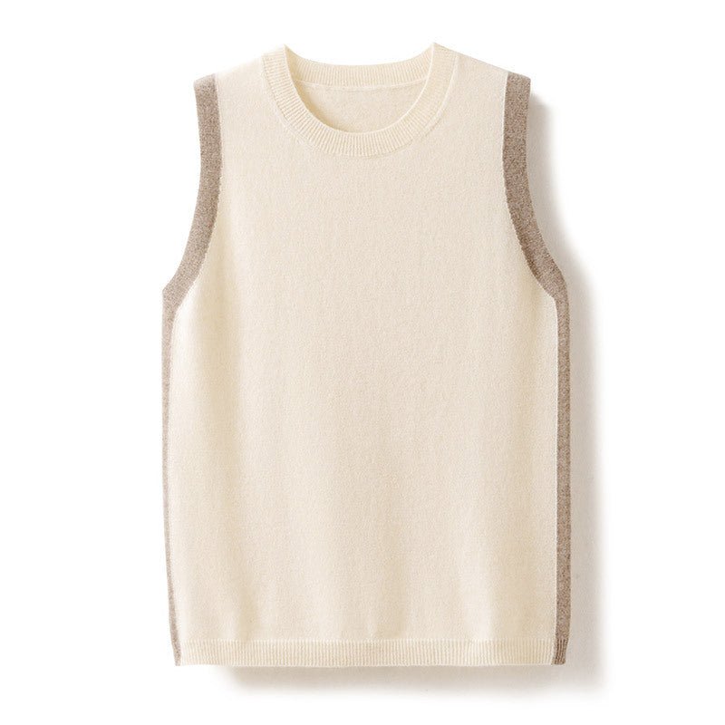 Womens Classic Sleeveless Crew Neck Knit Cashmere Vest Ribbed Hem Beige XS