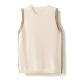 Womens Classic Sleeveless Crew Neck Knit Cashmere Vest Ribbed Hem Beige XS