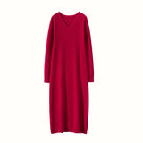 Womens Cashmere Knit Midi Dress Long Sleeve V Neck Cashmere Dress