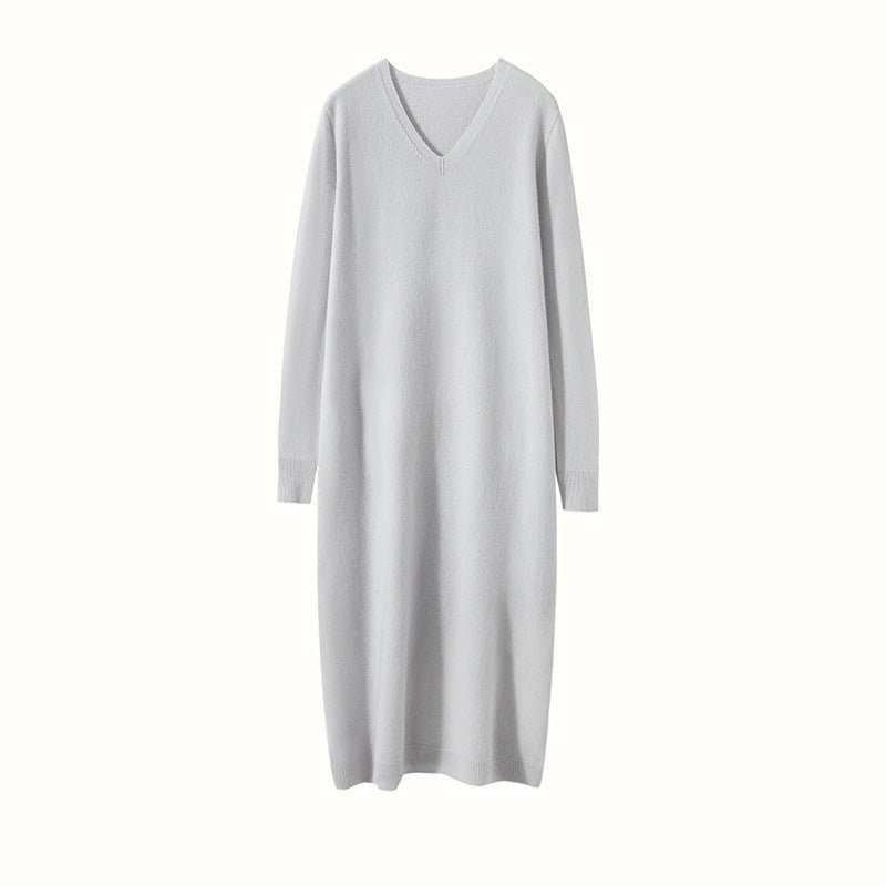 Womens Cashmere Knit Midi Dress Long Sleeve V Neck Cashmere Dress
