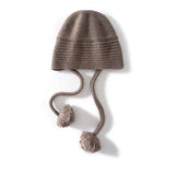 Womens Cashmere Knit Pom - Pom Hat with Ties Cute Cashmere Cap