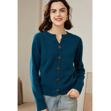 Womens Crew Neck Button - Up Cashmere Cardigan With Ribbed Trim