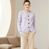 Womens Crew Neck Button - Up Cashmere Cardigan With Ribbed Trim