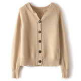 Womens Crew Neck Button - Up Cashmere Cardigan With Ribbed Trim