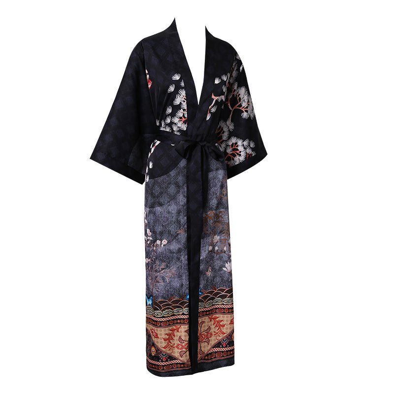 Women's Cranes Print Silk Kimono Robe Blossoms Silk Robe