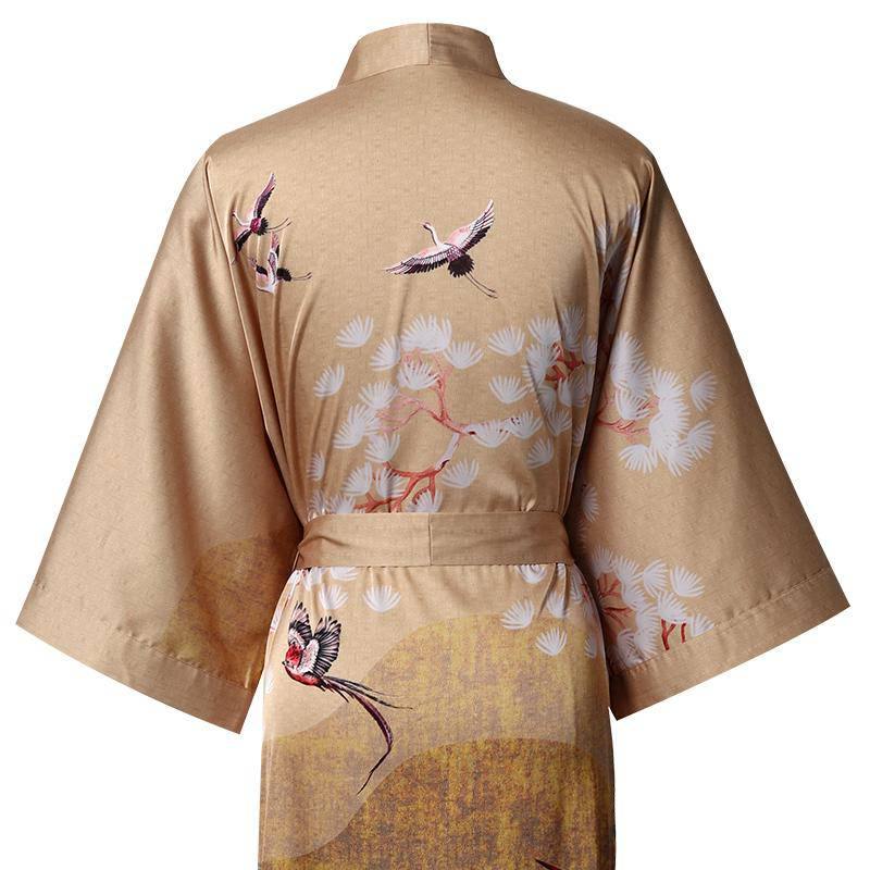 Women's Cranes Print Silk Kimono Robe Blossoms Silk Robe
