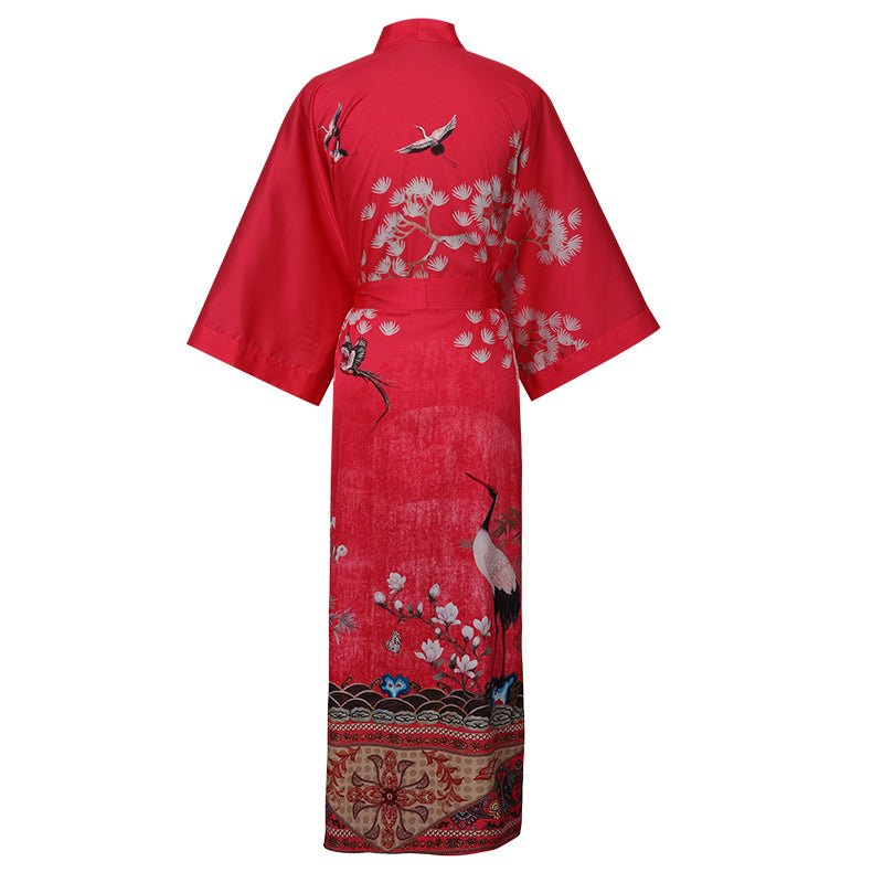 Women's Cranes Print Silk Kimono Robe Blossoms Silk Robe