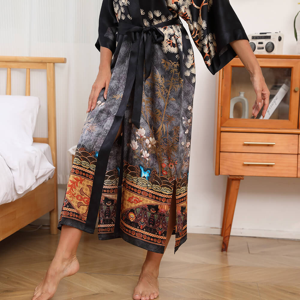 Women's Cranes Print Silk Kimono Robe Blossoms Silk Robe