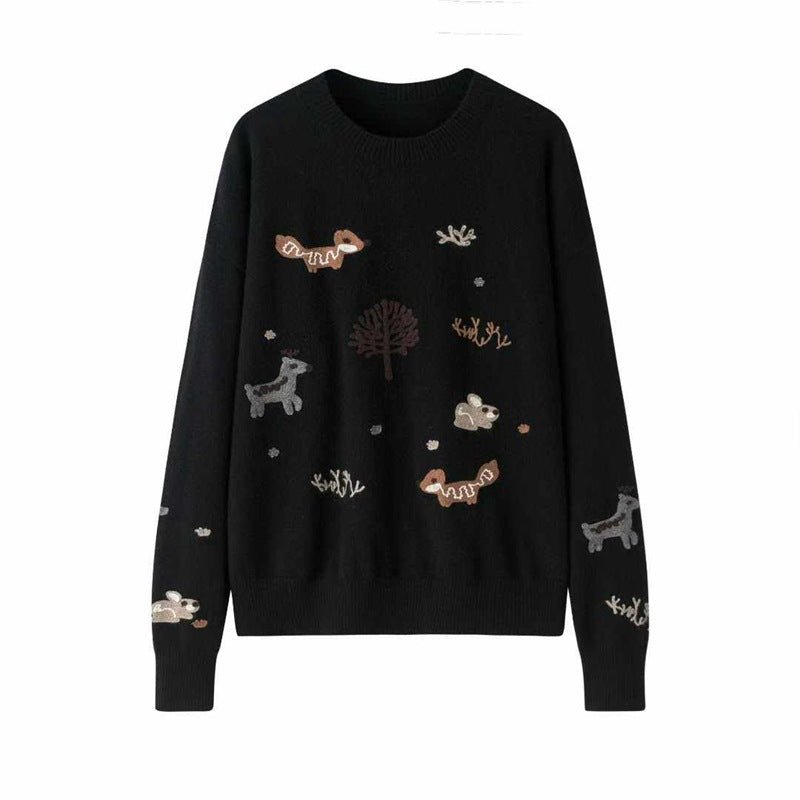 Womens Crew Neck Woodland Animal Intarsia Cashmere Sweater Pullover Black S