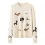 Womens Crew Neck Woodland Animal Intarsia Cashmere Sweater Pullover Ivory S