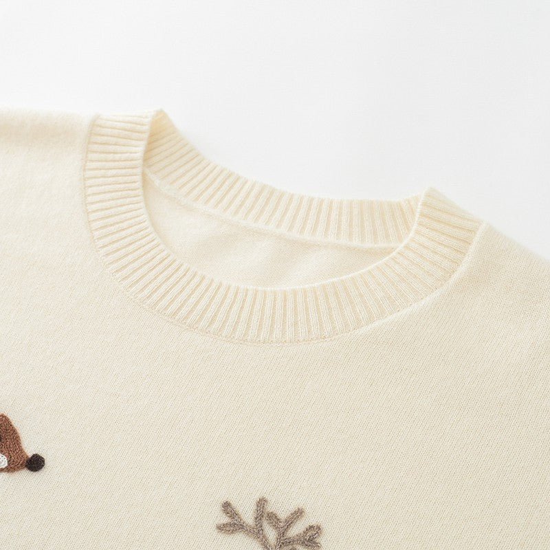 Womens Crew Neck Woodland Animal Intarsia Cashmere Sweater Pullover Ivory S