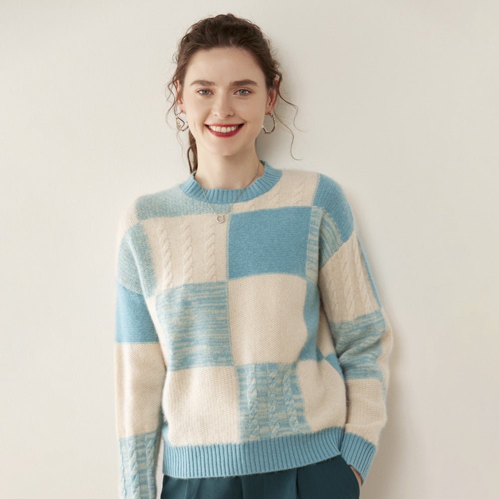 Womens Crew Neck Cashmere Sweater Warm Plaid Cashmere Knit Pullover Blue - 1 XS