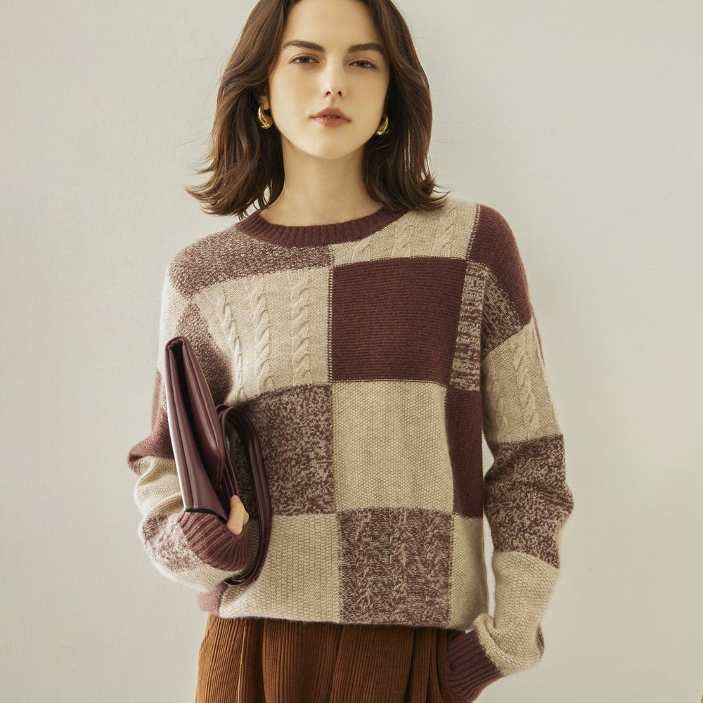 Womens Crew Neck Cashmere Sweater Warm Plaid Cashmere Knit Pullover Coffee XS