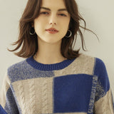 Womens Crew Neck Cashmere Sweater Warm Plaid Cashmere Knit Pullover Blue - 2 XS