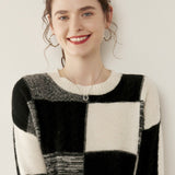 Womens Crew Neck Cashmere Sweater Warm Plaid Cashmere Knit Pullover Black XS