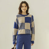 Womens Crew Neck Cashmere Sweater Warm Plaid Cashmere Knit Pullover Blue - 2 XS