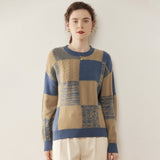 Womens Crew Neck Cashmere Sweater Warm Plaid Cashmere Knit Pullover Blue - 3 XS