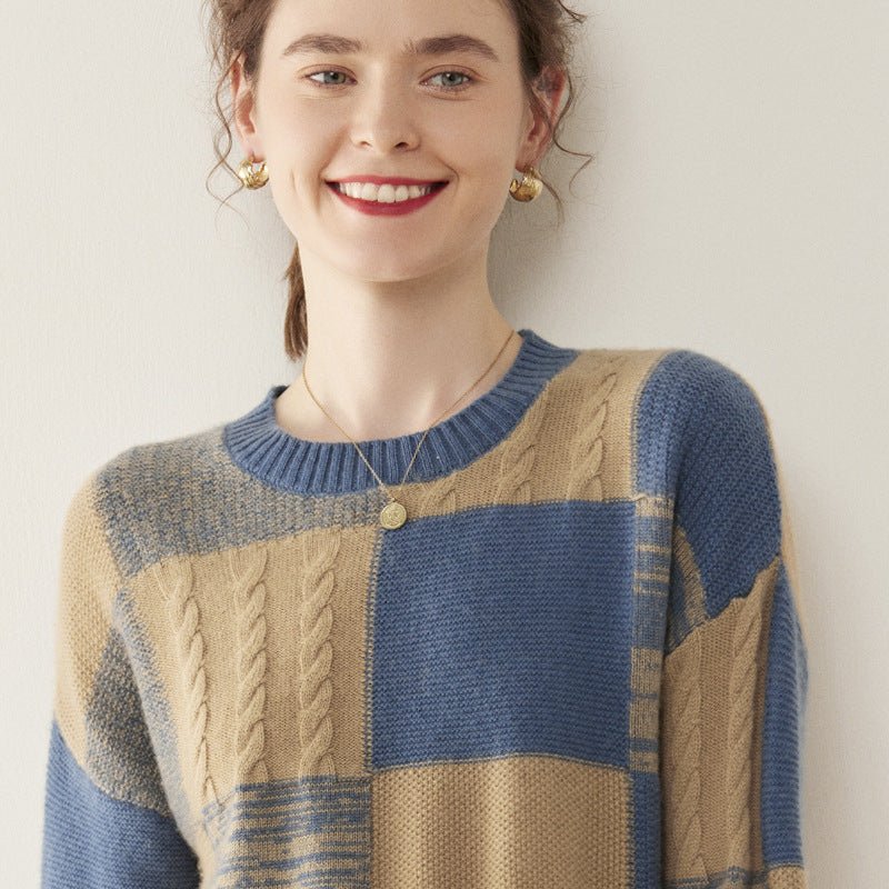 Womens Crew Neck Cashmere Sweater Warm Plaid Cashmere Knit Pullover Blue - 3 XS