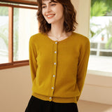 Womens Crew Neck Cashmere Cardigan Button Closure Cashmere Coat