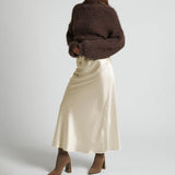 Womens Elegant Flow Silk Maxi Skirt High Waist Silk Dress