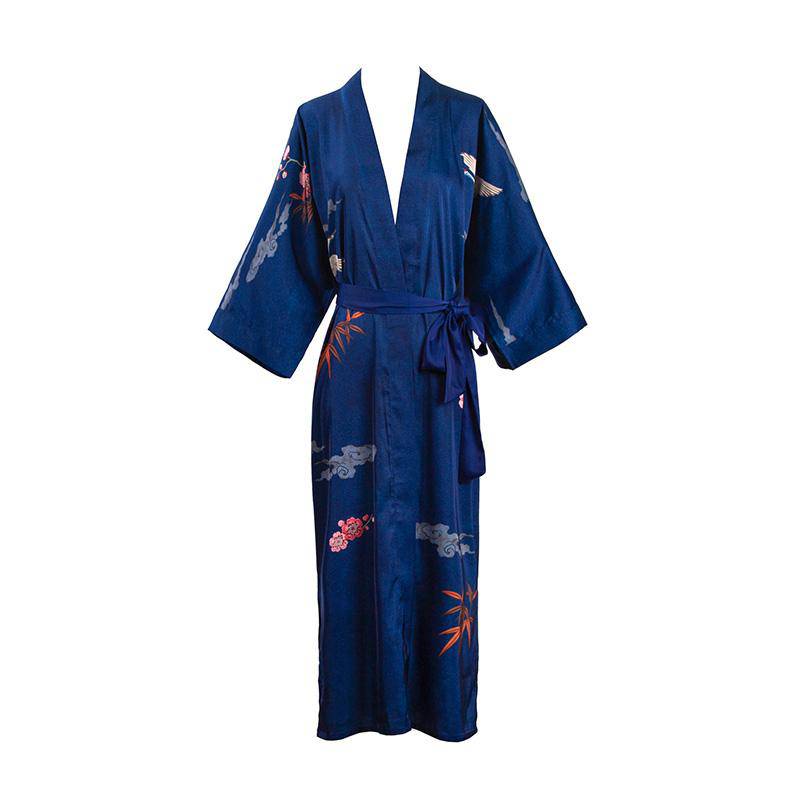 womens floral pure Silk Kimono Robes 100% Mulberry Silk Bathrobe Navy Blue One size fits most