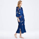 womens floral pure Silk Kimono Robes 100% Mulberry Silk Bathrobe Navy Blue One size fits most