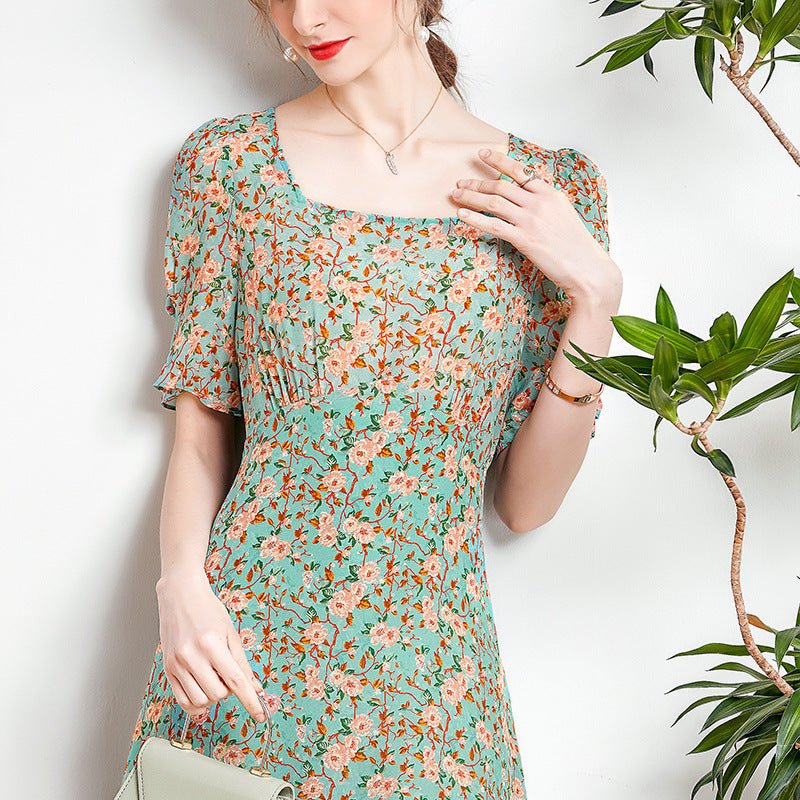 Womens Floral Silk Midi Dress Puff Sleeve Square Neck Silk Dresses Green XS