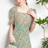 Womens Floral Silk Midi Dress Puff Sleeve Square Neck Silk Dresses Green XS
