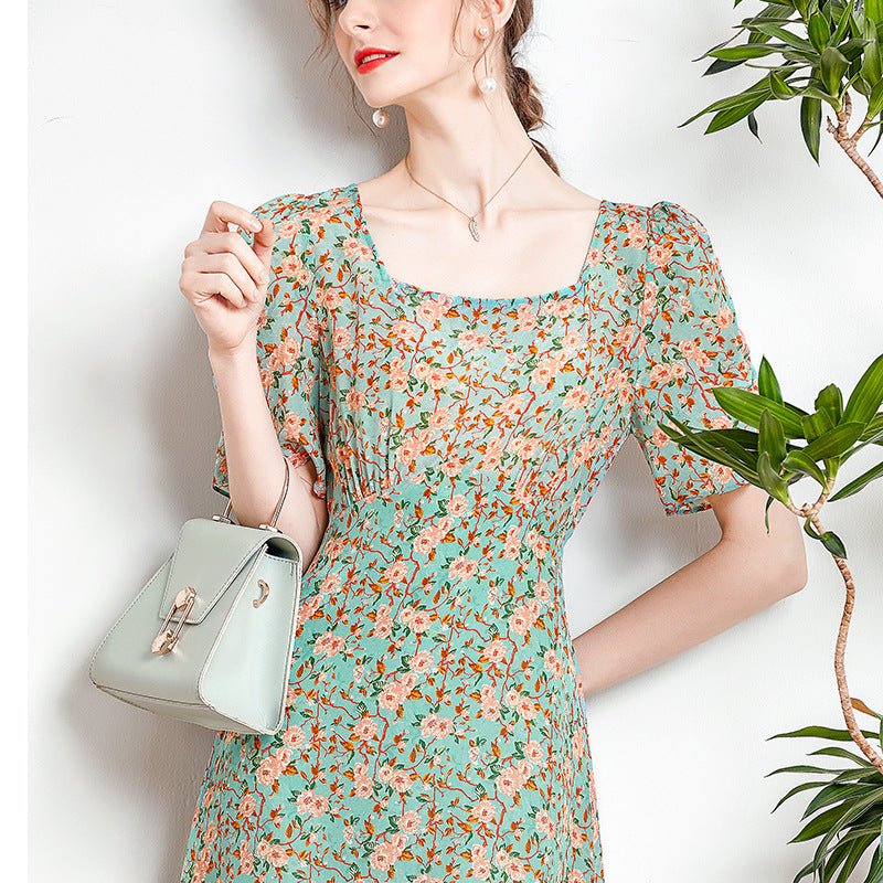 Womens Floral Silk Midi Dress Puff Sleeve Square Neck Silk Dresses Green XS