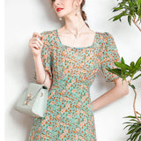 Womens Floral Silk Midi Dress Puff Sleeve Square Neck Silk Dresses Green XS