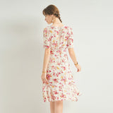 Womens Floral Silk Midi Dress Puff Sleeve Square Neck Silk Dresses Ivory XS