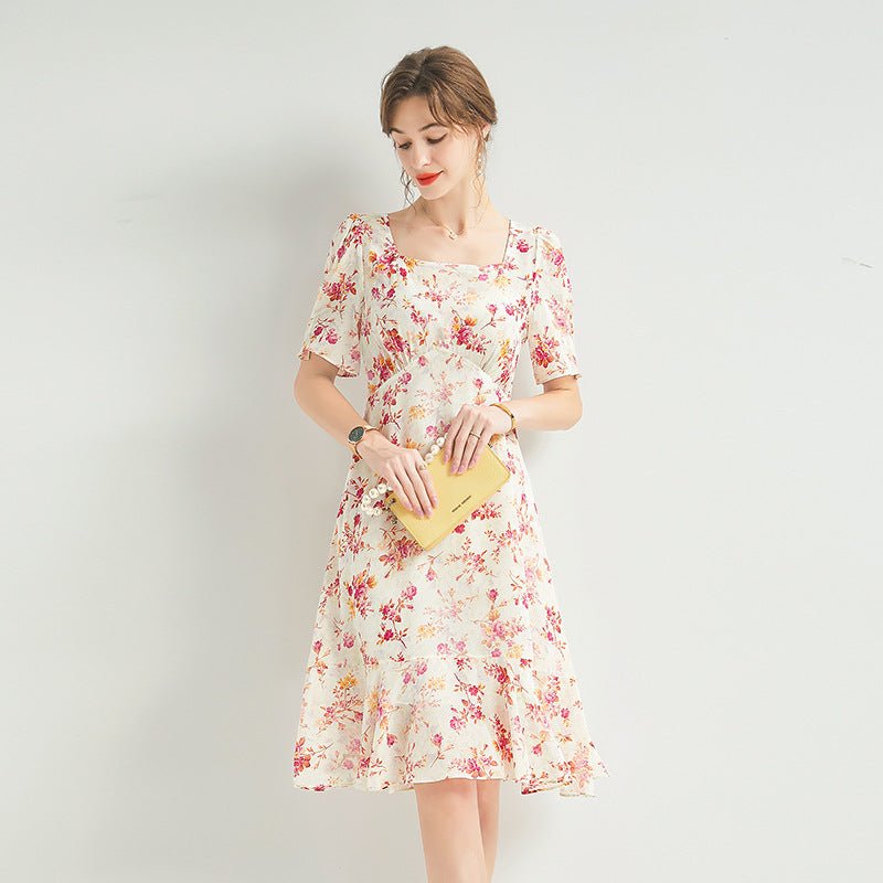 Womens Floral Silk Midi Dress Puff Sleeve Square Neck Silk Dresses Ivory XS