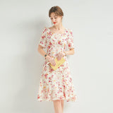 Womens Floral Silk Midi Dress Puff Sleeve Square Neck Silk Dresses Ivory XS