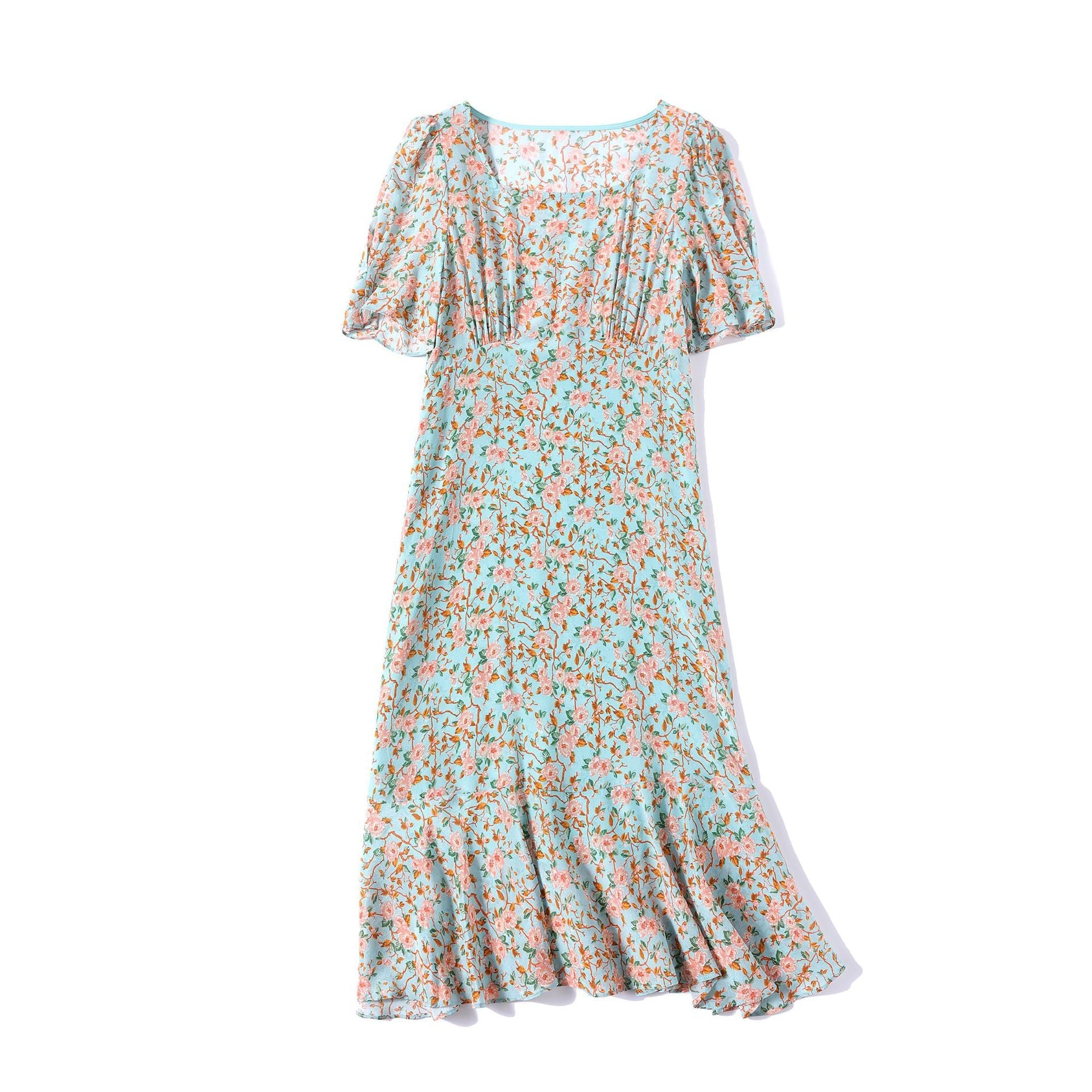 Womens Floral Silk Midi Dress Puff Sleeve Square Neck Silk Dresses Green XS